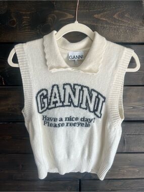 Ganni Cream Knit Sleeveless Collared Logo Vest with Navy Text